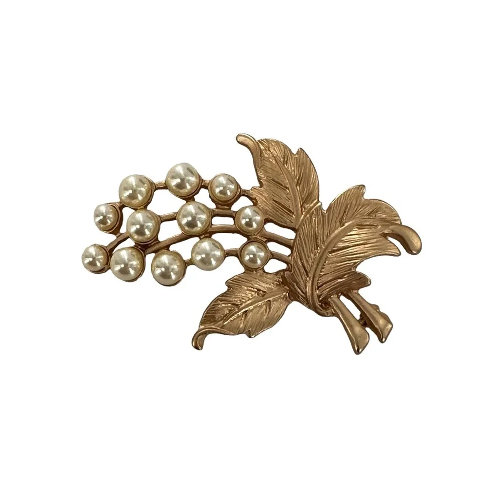 Vintage Gold Tone Faux Pearls BRANCH Shape Pin Brooch‎ Leaves 2
